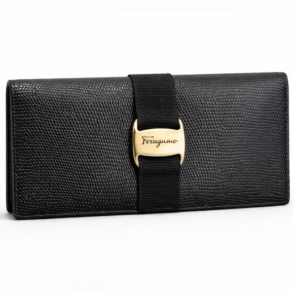 Salvatore Ferragamo Handbags - Ferragamo Black Lizard Embossed Leather Wallet Vara Grosgrain Gold Buckle
